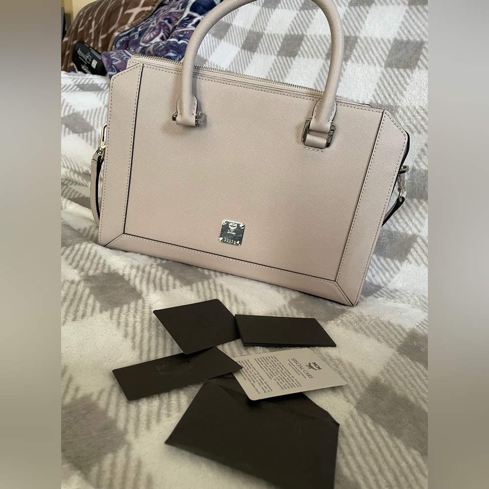 MCM Nuovo Saffiano gull gray tote Crossbody bag with dust bag